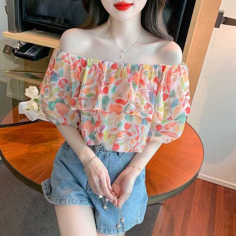 夏の新しいデザインバブル半袖ニッチトップミントワンショルダー甘い花柄シフォンシャツ女性用|undefined