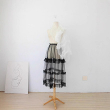 透明网纱裙中长款木耳边蕾丝裙单层透视半身裙纱裙外搭