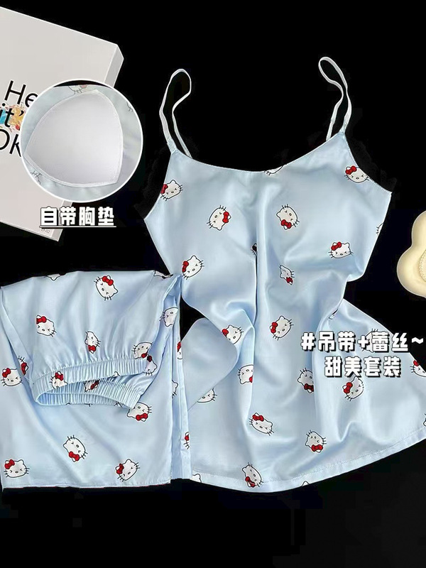 女性用胸パッド付きピュアデューティパジャマ、サマーサスペンダーイン韓国風ベストショーツ、夏に屋外で着用可能、ホームウェアセット|undefined
