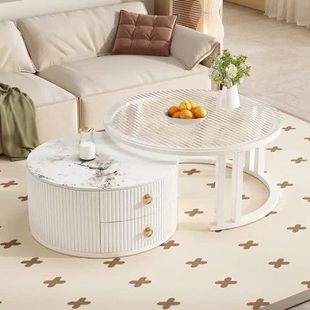 Cream Style Coffee Table Living Room Home Light Luxury Modern Simple Slate Tea Table Small Apartment Internet Celebrity Round Glass Side Table