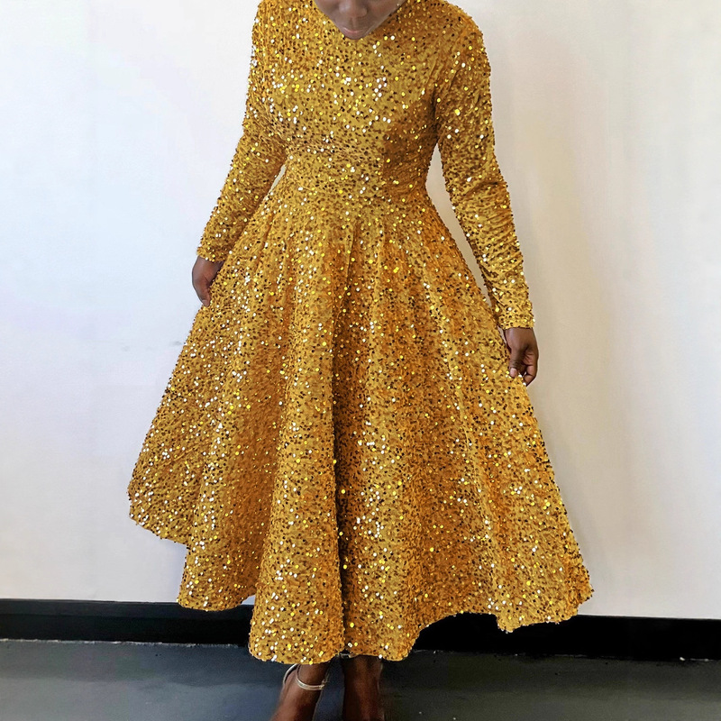 D469 Cross-Border New Women's Clothing Round Neck Long Sleeve Solid Color Sequined High-Waisted Elegant Mid-Length Dress European and American Style Dress