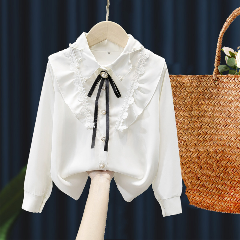 女童纯棉白色打底衫儿童立领大花边长袖T恤衫女孩衬衫新学生表演