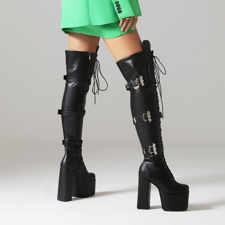 New patent leather front lace-up square buckle round head waterproof platform chunky high-heeled over-the-knee boots for women_voghion.com