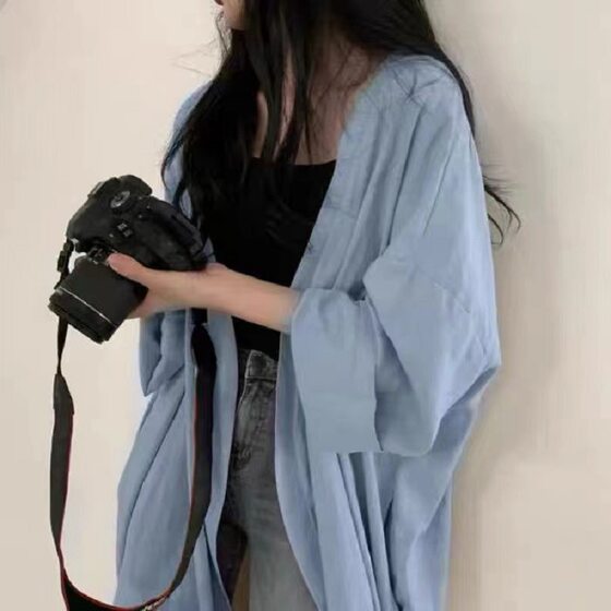 Summer Korean style loose long-sleeved cardigan coat women's shirt Southeast Asian women's solid color thin windbreaker sun protection clothing women