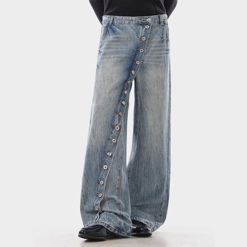 American Retro Washed Denim Jeans with Diagonal Placket and Buttons, Slightly Flared, Unisex, Loose Fit, Heavy-Duty, Versatile, Casual Straight-Leg Pants
