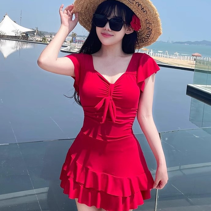 Plus-Size One-Piece Swimsuit for Women, Tummy-Covering, Slimming, Conservative, with Chest Pads, Suitable for Beach Vacations and Hot Springs, Dress-Style Swimwear