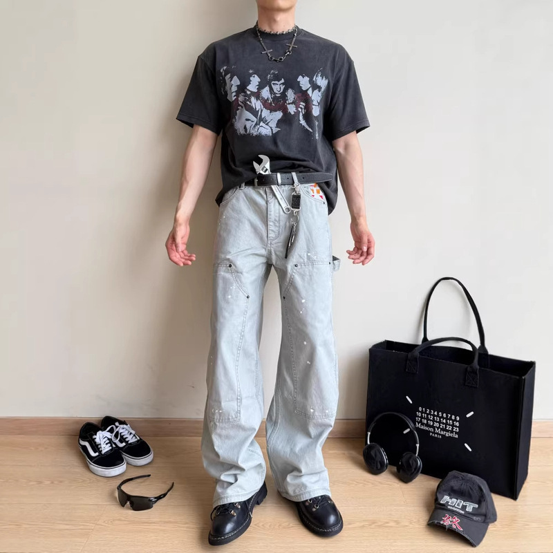Directly from the Manufacturer, Four-Color Splash-Ink Wash Double-Knee Work Pants with Cigarette Case Embroidery, Straight Loose Wide-Leg Lumberjack Pants B01