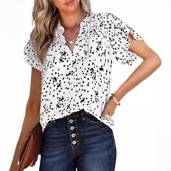 2025 Amazon Cross-Border Women's Casual V Neck Floral Print Gathered Short-Sleeved Chiffon Shirt Bohemian Top
