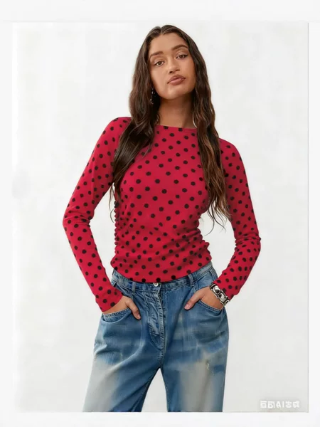 Cross-Border Amazon Polka Dot Long-Sleeved Slim T-Shirt Round Neck Slimming Top