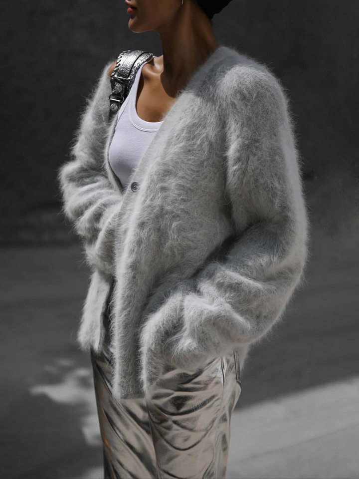 Áo cardigan len dệt kim giả lông chồn cổ V tay dài form rộng nữ — Màu hồng, Màu kaki, Màu trắng, Màu xám nhạt chi tiết 25