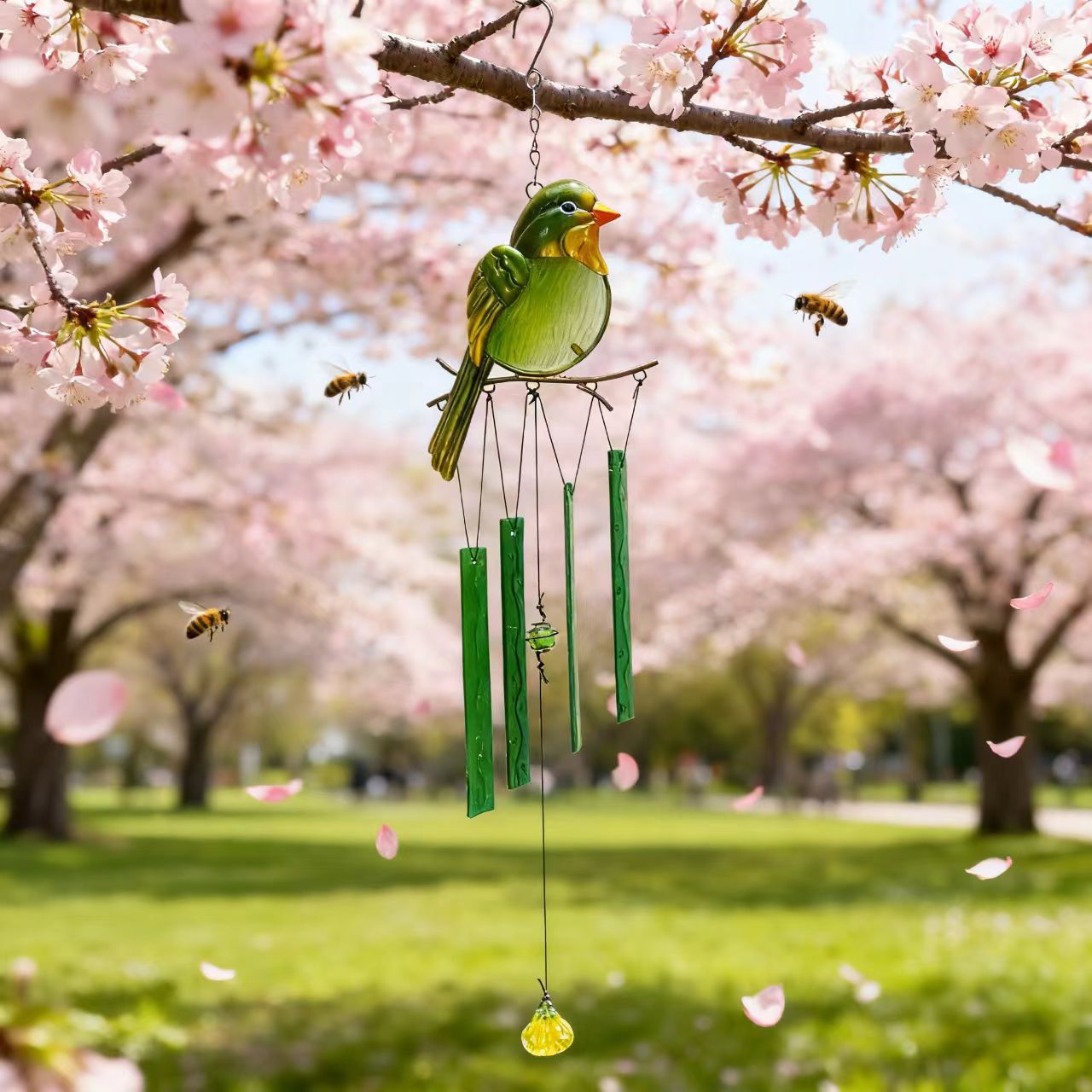 跨境新品小鸟金属铁艺风铃玻璃彩绘挂件工艺品挂饰庭院阳台装饰