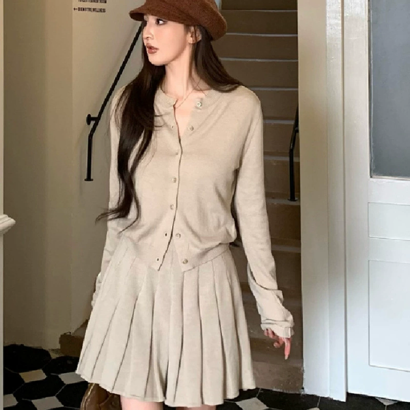 2024 новый стиль Tmall Качество Академия Стиль Набор Премиум вязаный двойной кардиган плиссированная юбка из двух частей