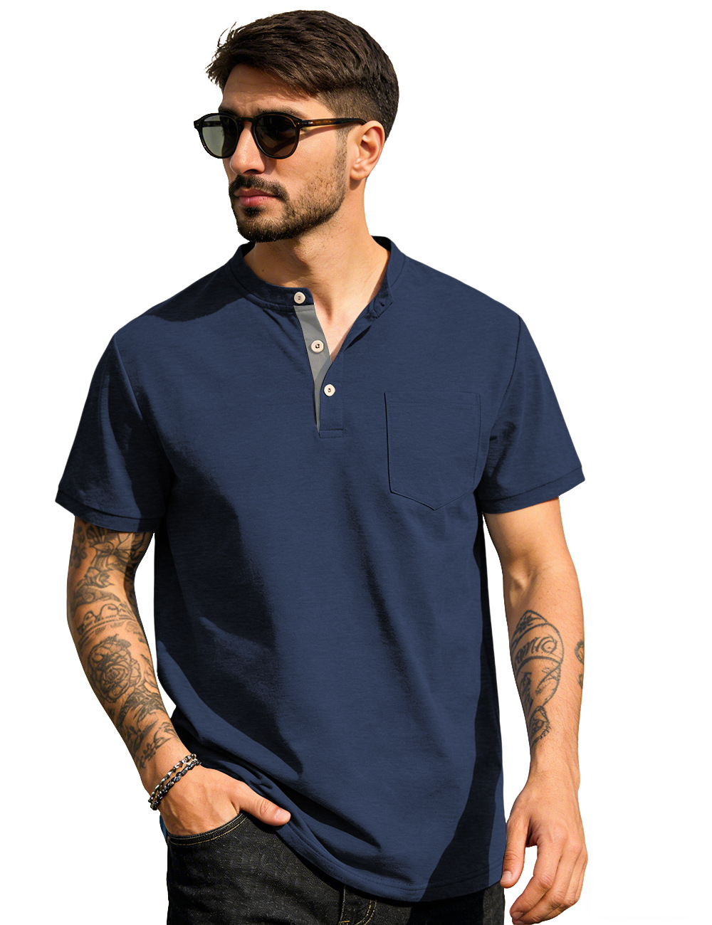 Estación independiente de verano hombre monocolor Henry polo camiseta superior americano casual comercio exterior camiseta de manga corta