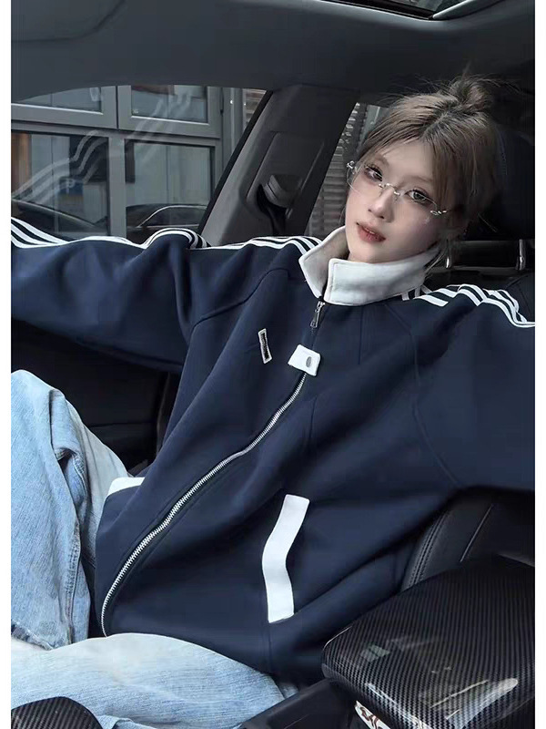 藏青色美式复古卫衣外套男款秋季学院风高级感撞色条纹立领棒球服|undefined