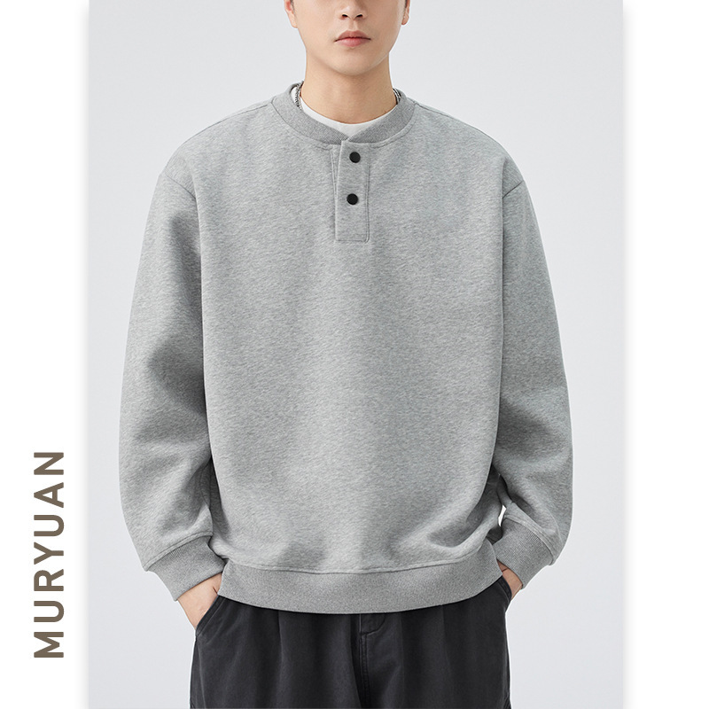 Muyuan Men's 420g Heavy Weightweight Cleanfit Henley Collar Long-Sleeved Sweatshirt Men's Casual Work Clothing Bottoming Top