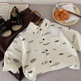 韩版童装男童纯棉衬衫儿童春秋薄款外套2025新款男孩帅气长袖衬衣