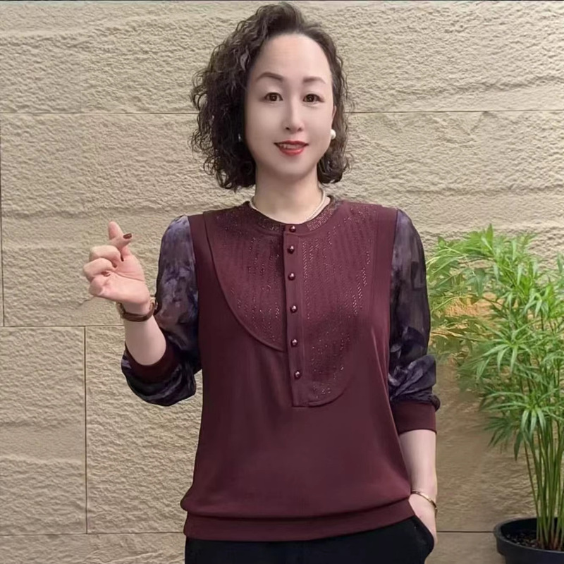 Spring New Fashion Round Neck Asymmetrical Long-Sleeve T-Shirt with Rhinestones, Youthful Casual Versatile Patchwork Style Spring New Fashion Round Neck Asymmetrical Long-Sleeve T-Shirt with Rhinestones, Youthful Casual Versatile Patchwork Style