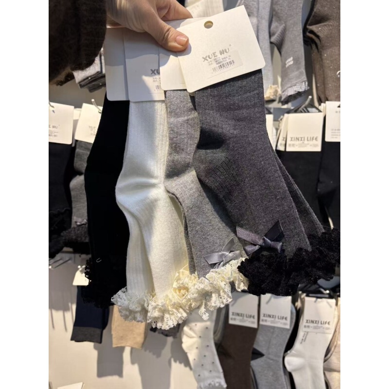 Xuenu Accessories Lace-Trimmed Socks with Bowknots, Slouch Socks for Women, Sweet Mid-Calf Socks for Autumn and Winter, Spring and Autumn Xuenu Accessories Lace-Trimmed Socks with Bowknots, Slouch Socks for Women, Sweet Mid-Calf Socks for Autumn and Winter, Spring and Autumn