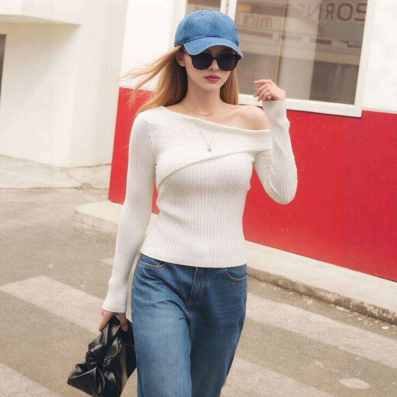 European and American cross-border women's fashion one-shoulder ribbed knit top, slim-fit off-shoulder long-sleeve base shirt, in-stock for autumn and winter