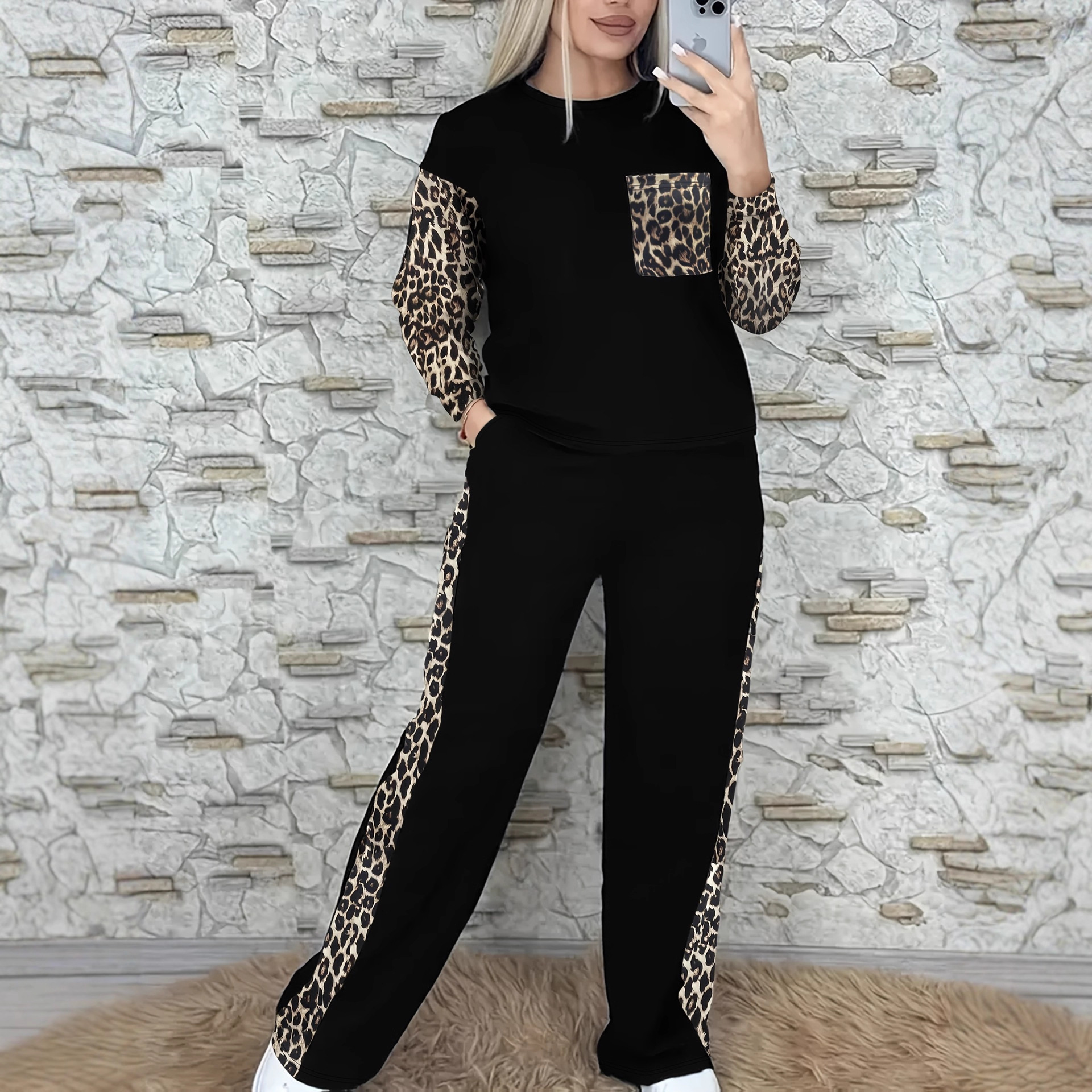 Women's Leopard Print Two Piece Set Crew Neck Top & High Waisted Trousers European American Style Trendy Winter Outfit_ecoleips.com