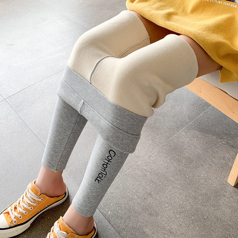 Leggings acanalados de rayas verticales con forro polar grueso, novedad de otoño e invierno para mujer, pantalones cálidos de algodón de cintura alta con letras, transfronterizos.