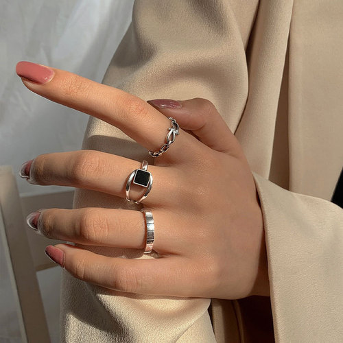 s925 Pure Silver Black Agate Geometric Square Ring, Light Luxury Women's Niche Design Fashion Exquisite Personality Simple