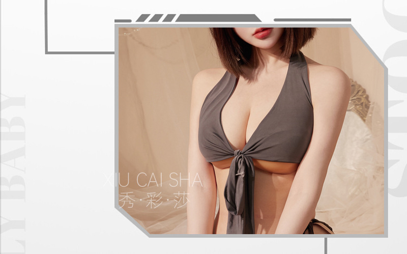 Student Uniform Roleplay Lingerie Set with Halterneck Top, Miniskirt and Crotchless Panties — detail image 6