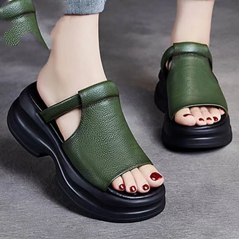 Soft Leather Platform Thick-Soled Flat Outdoor Half-Slippers for Women, Height-Increasing Peep-Toe Cool 2026 Summer New Versatile Mom Shoes Soft Leather Platform Thick-Soled Flat Outdoor Half-Slippers for Women, Height-Increasing Peep-Toe Cool 2026 Summer New Versatile Mom Shoes