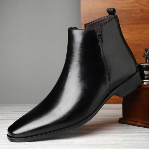 Chelsea boots with high tops, leather boots for men, pointed toe, British style, wind-resistant mid-sole boots.