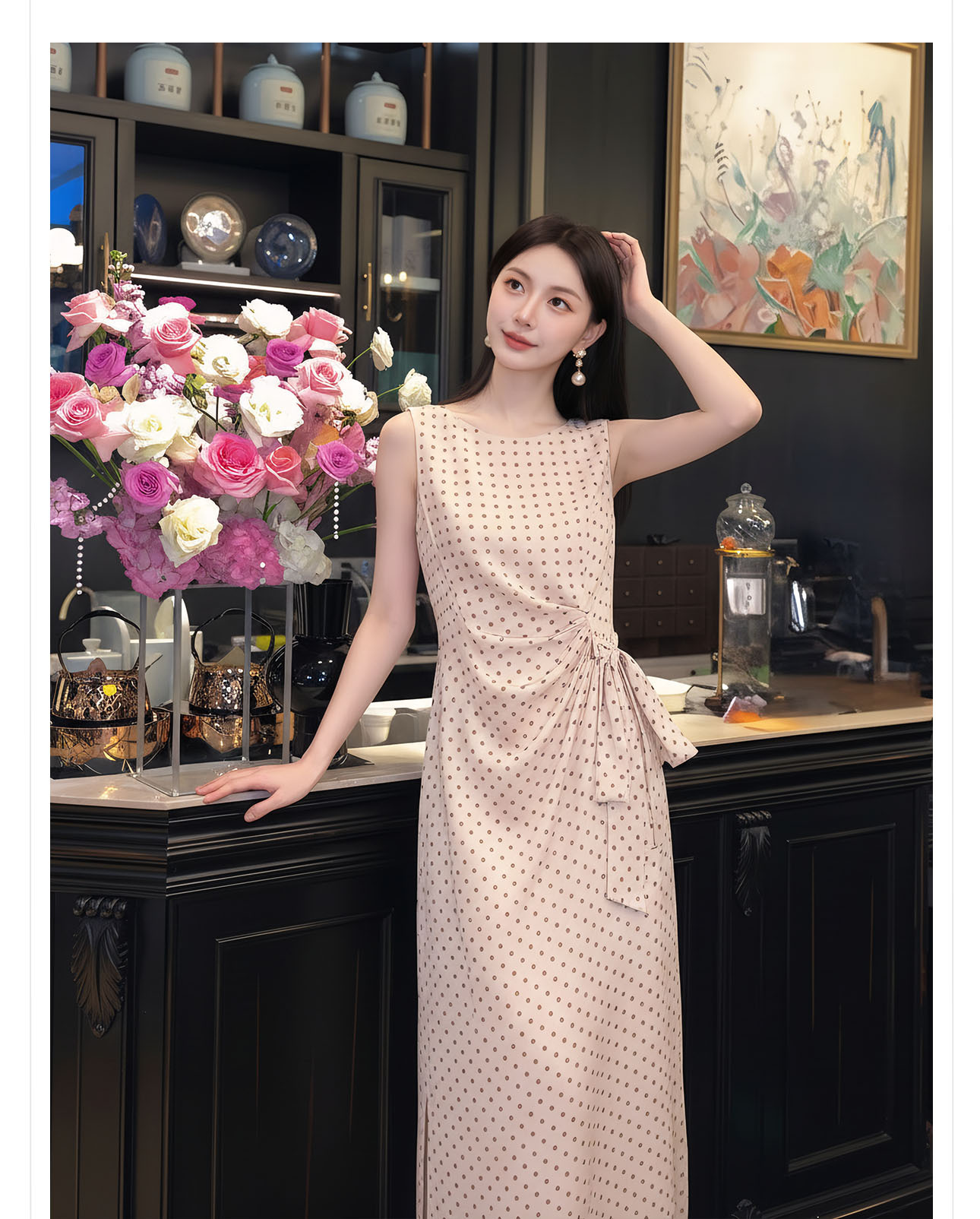 Đầm dài ôm body không tay họa tiết chấm bi phong cách Tân Trung Hoa — Điểm sóng chi tiết 5