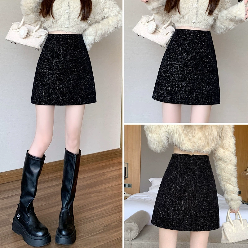 Яркая Xinghe 2024 с высокой талией, яркий шелк, женская весна, осень и зима, темперамент, модная дикая, тонкая, шаг, юбка черная