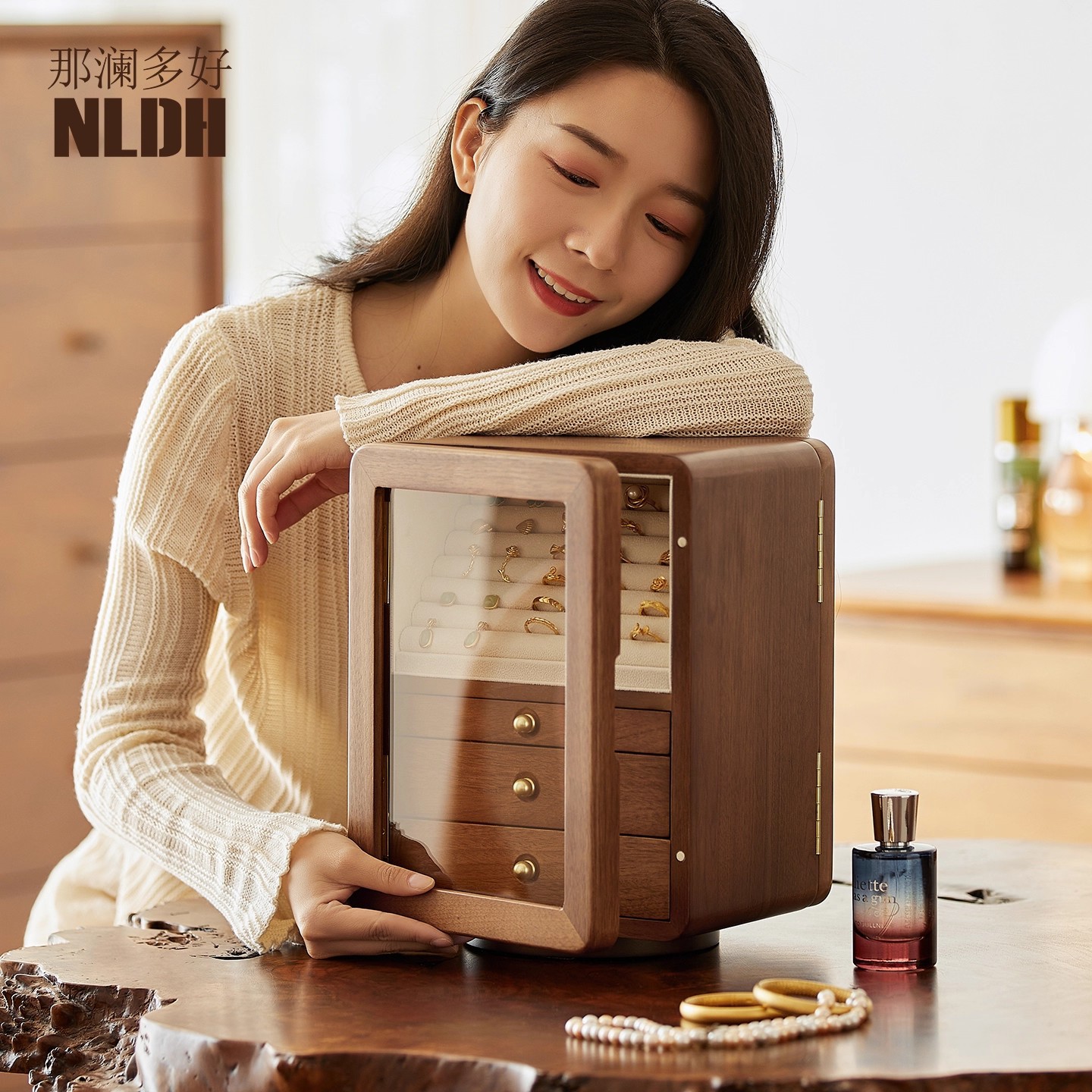 Rotatable Large-Capacity Solid Wood Jewelry Box Gold Jewelry Anti-Oxidation Jewelry Box Ring Necklace Jewelry Storage Box