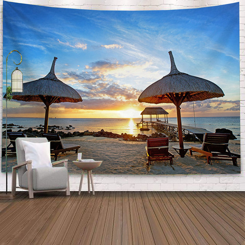 跨境海边沙滩风景定挂毯涤纶挂毯出租屋改造直播间背景墙装饰挂布