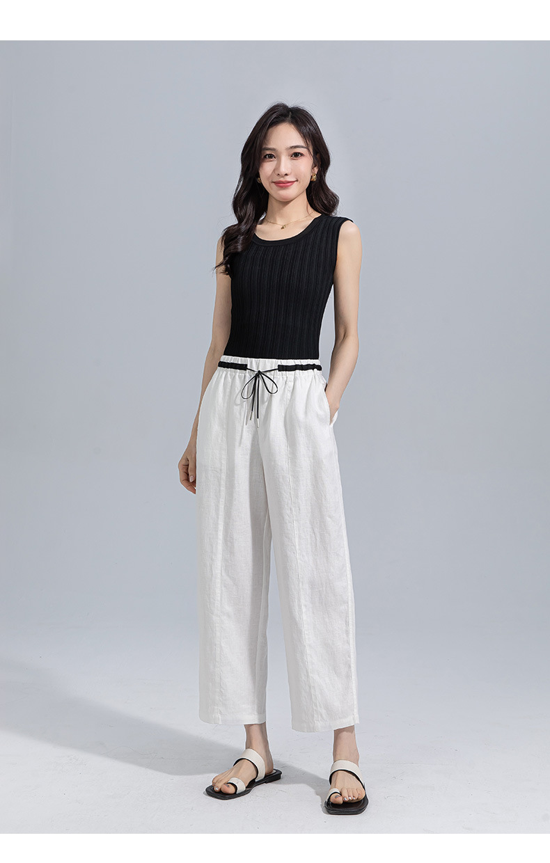 Quần tây nữ ống đứng cạp thun co giãn vải lanh trắng che hông — Màu trắng (bao gồm cả lớp lót) chi tiết 29