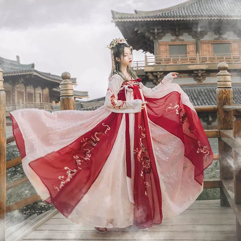 Hanshang Hualian Dragon Mother Store отмечает традиционную ханьфу для женщин, летняя юбка до груди с 8-метровым большим кружевом и тяжелой вышивкой с узором дракона
