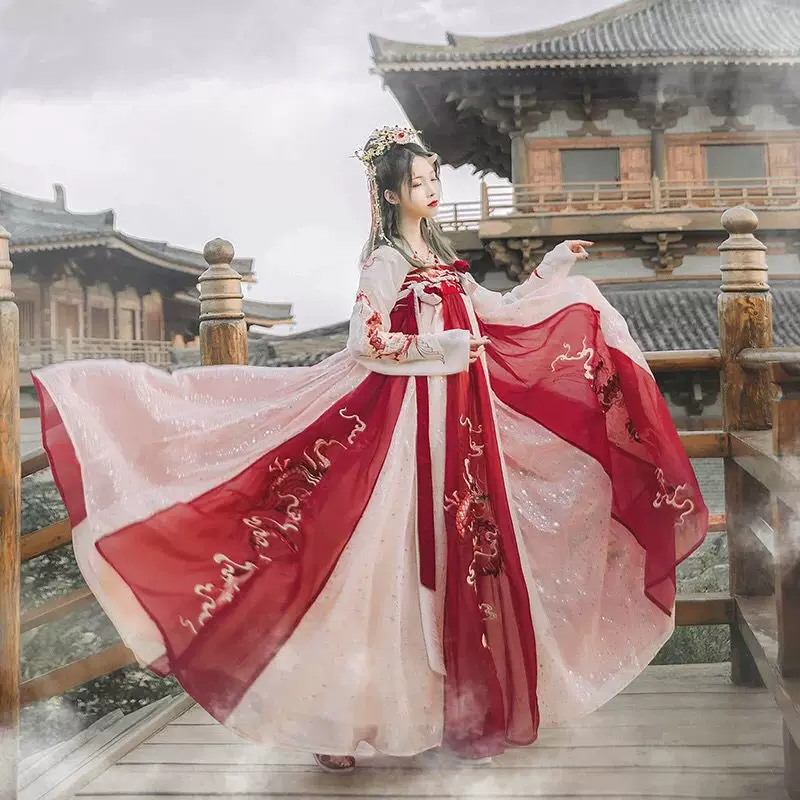 Hanshang Hualian Dragon Mother Store отмечает традиционную ханьфу для женщин, летняя юбка до груди с 8-метровым большим кружевом и тяжелой вышивкой с узором дракона