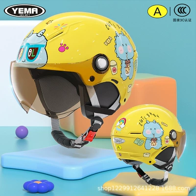 Motosiklet kaskı (dəbilqə) – for Boys, Summer Electric Motorcycle - four-seasons-lemon-yellow-little-dinosaur-light-silver-short-mirror