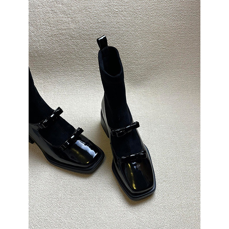 French Square Toe Bow Stitching Elastic Slim Boots Women's Thick Heel Short Boots Martin Boots Sock Boots