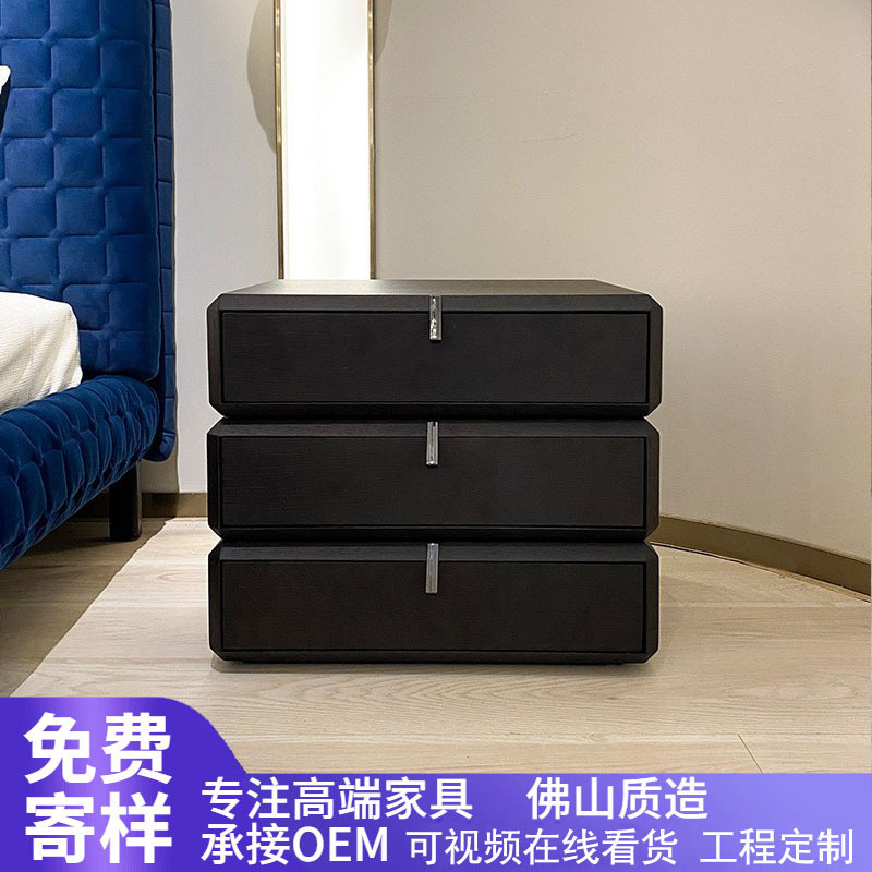 Italian Style Minimalist Solid Wood Smoked Bedside Table Designer Creative Storage Cabinet Rotatable Three-bucket Cabinet Walnut Color Side Cabinet