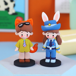 Cartoon Boy and Girl Soft Plastic Ornaments Rabbit Sheriff Fox Cross-Dressing Couple Dolls Desktop Car Decorations
