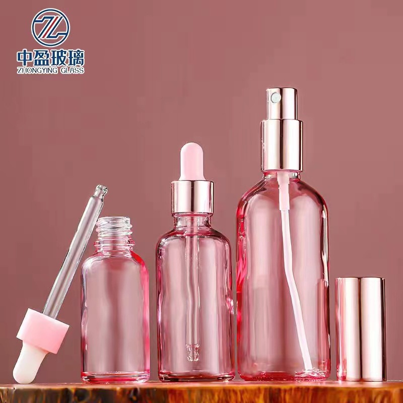 10ml透粉色精油瓶30ml精华液玻璃滴管瓶按压喷雾瓶化妆品分装瓶