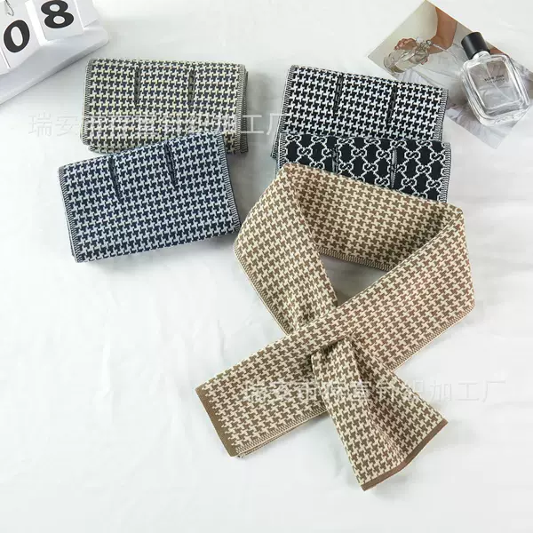 Autumn and Winter Neck Scarf, Solid Color Houndstooth Scarf, Warm Knitted Cross Scarf, Short Neck Warmer for Men, Cross-Border Hot Sale