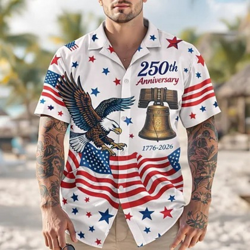 250Th Anniversary of the Founding of the United States Shirt, Independence Day Themed Eagle and Liberty Bell Print, Men's Casual Short-Sleeve Shirt 250Th Anniversary of the Founding of the United States Shirt, Independence Day Themed Eagle and Liberty Bell Print, Men's Casual Short-Sleeve Shirt