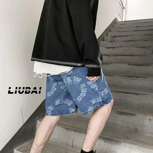 American letter print denim shorts for men, summer loose plus size 5-inch mid-rise streetwear trend brand big pants