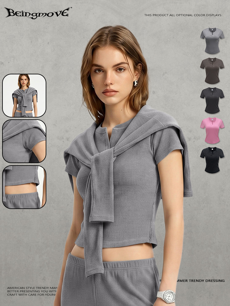 Calle secada| Moda personalidad casual vintage camiseta de manga corta lavado con agua para hacer vieja delgada suave camiseta de cuello en V para mujeres