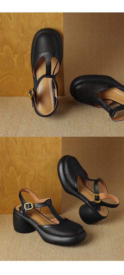 Sandal nữ da cừu đục lỗ bít mũi quai chữ T khóa cài đế dày gót cao — Màu đen chi tiết 21
