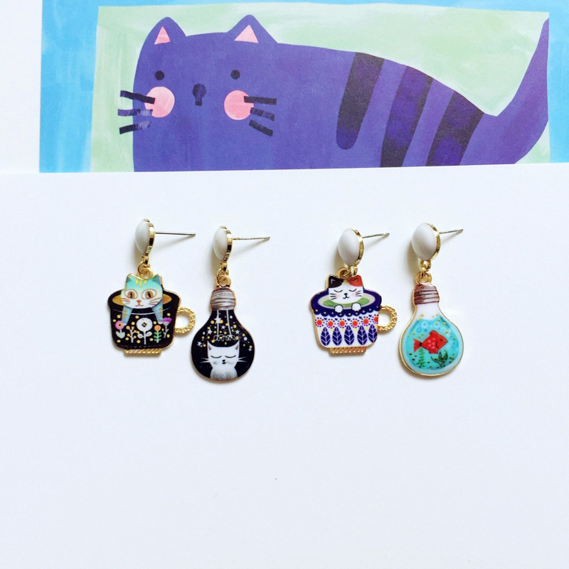 9g Weight Drop Earrings Classification 1 Pair Quantity Daily Occasion Alloy Material Cat Pattern Women'S Gender Enamel Design Cute Style Cute Cat Alloy Enamel Women's Drop Earrings 1 Pair 4