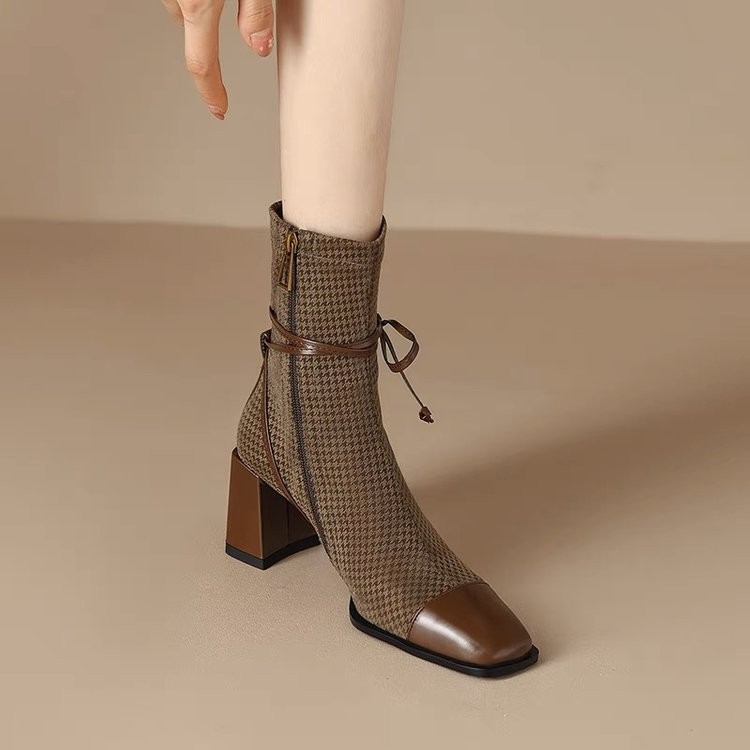 Retro Style New Square Toe Slip-On Boots for Women 2025 Spring & Fall Bow Thick Heel Small Fragrant Style Short Boots