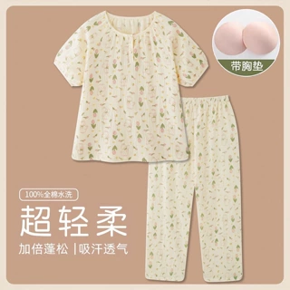 带胸垫夏季新款双层棉纱短袖睡衣女士甜美韩版宽松大码纯棉家居服
