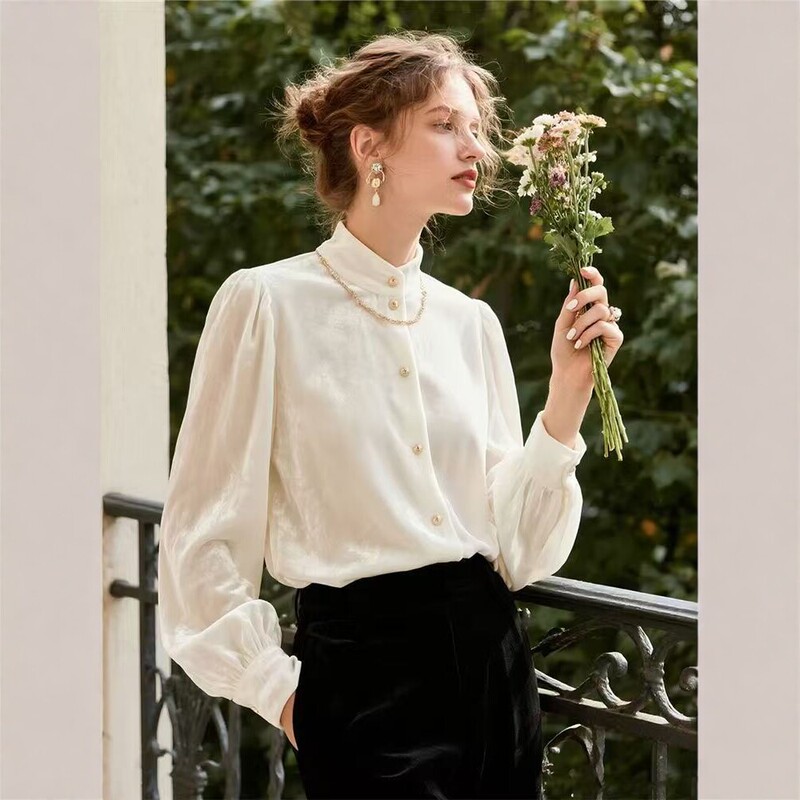 French-style stand-up collar long-sleeve shirt for women, 2026 autumn and winter new model, with bubble sleeve design, elegant and suitable for commuting